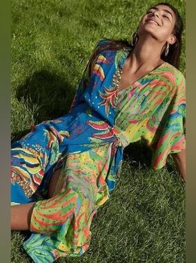 Farm Rio Tahiti Banana Wrap Mixed Print Maxi Dress